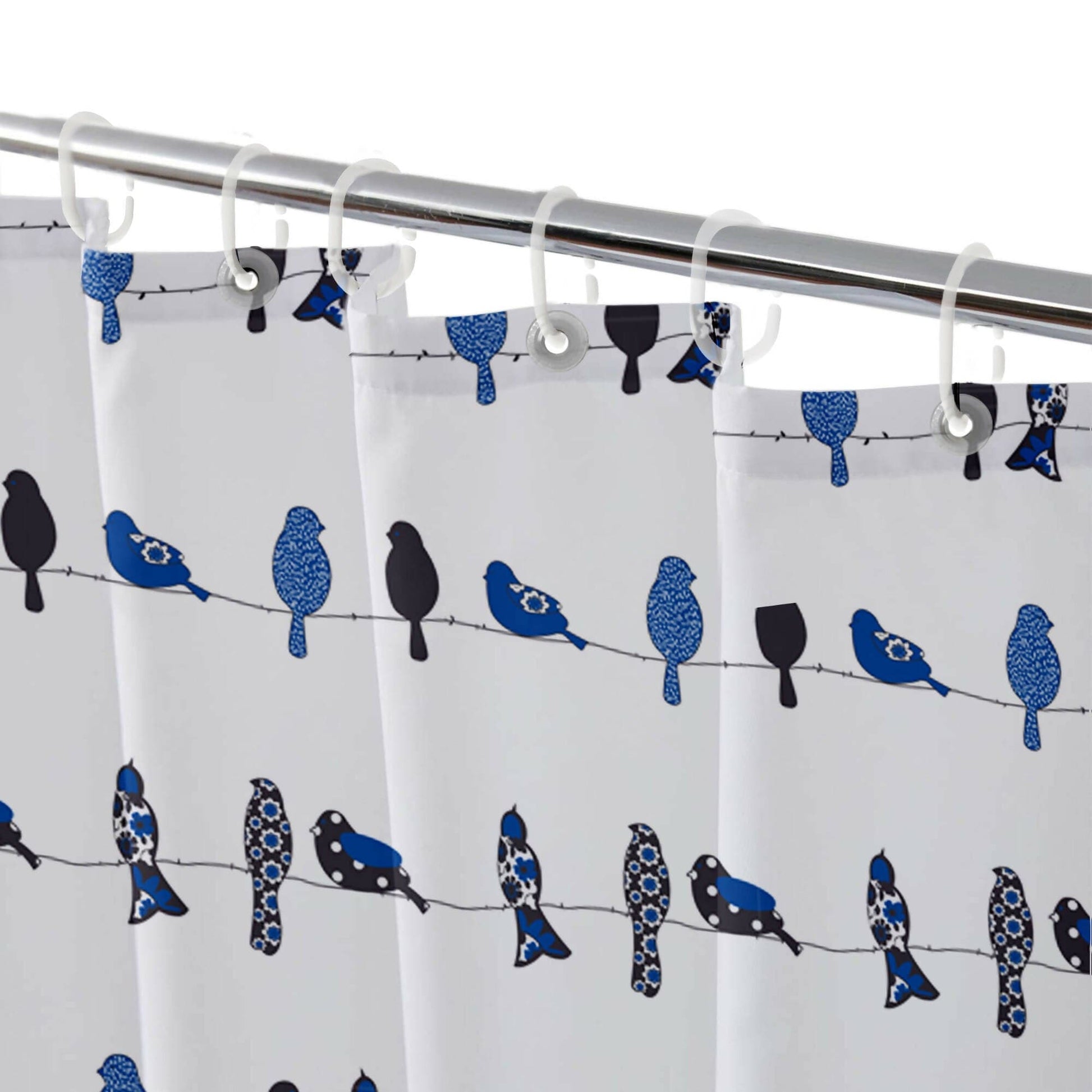 Lushomes Bathroom Shower Curtain with 12 Hooks and 12 Eyelets, Printed Bird Bathtub Curtain, Non-PVC, Water-repellent bathroom Accessories, Blue, 6 Ft H x 6.5 FT W (72 Inch x 80 Inch) - HalfPe