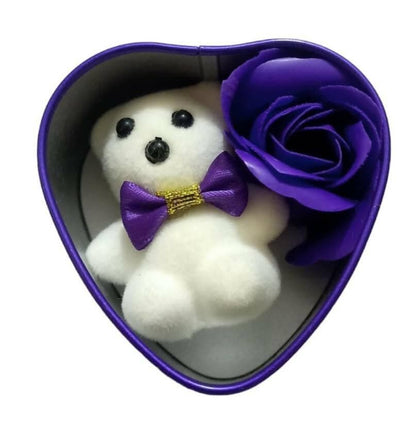 Valentine's Day Box with Small Teddy and Rose Made of Cloth (Purple Color) - Size 7 CM - HalfPe