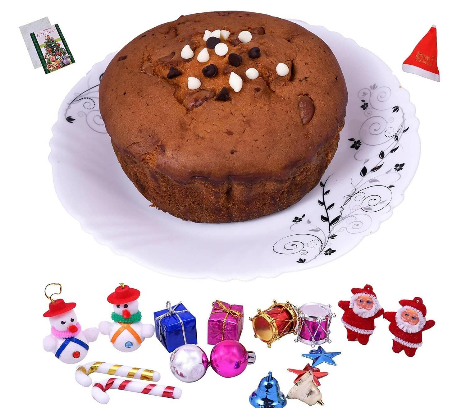 MANTOUSS Christmas Gift of Cake-Christmas Plum Cake(300gms) + Christmas Card + Santa Cap + Christmas Tree Decoration Set - HalfPe