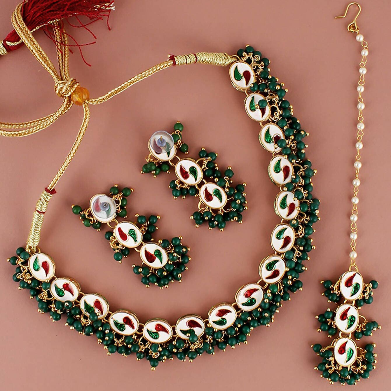 LUCKY JEWELLERY Back Meenakari 18k Gold Plated Green Color Tika Earring Combo Uncut Big Faux Kundan Choker Necklace set (796-J5SK-1811-G) - HalfPe