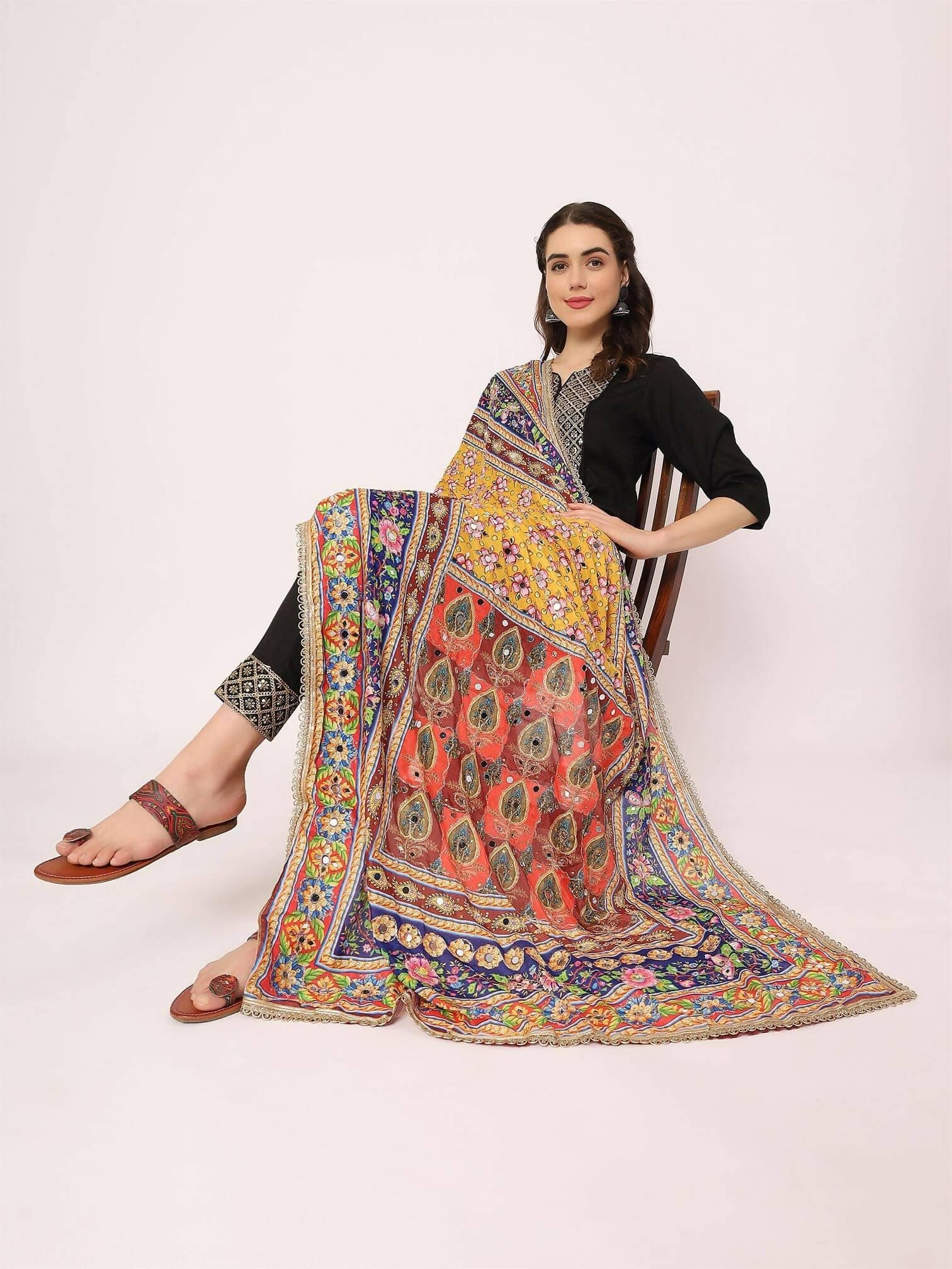 Chiffon Digital Print Pakistani Dupatta with Mirror Work(multi-colored design) - HalfPe