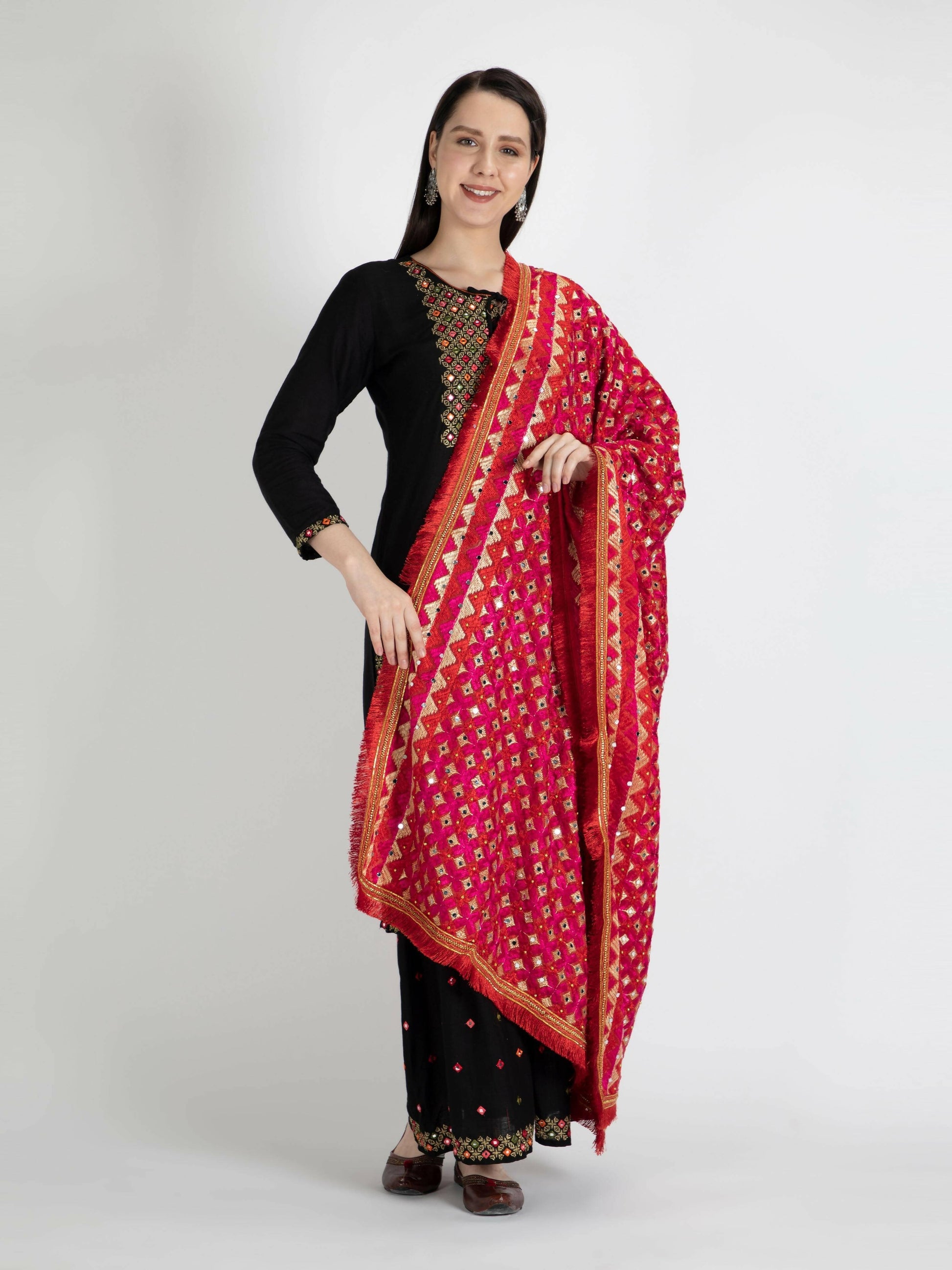 Phulkari Dupatta with Mirror Work (Magenta Red ) - HalfPe