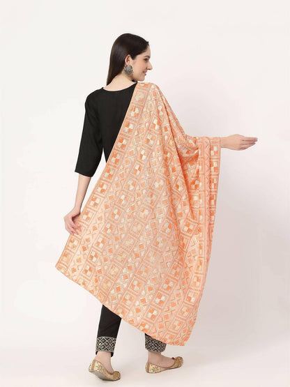 Peach and off white Embroidery Phulkari Dupatta - HalfPe