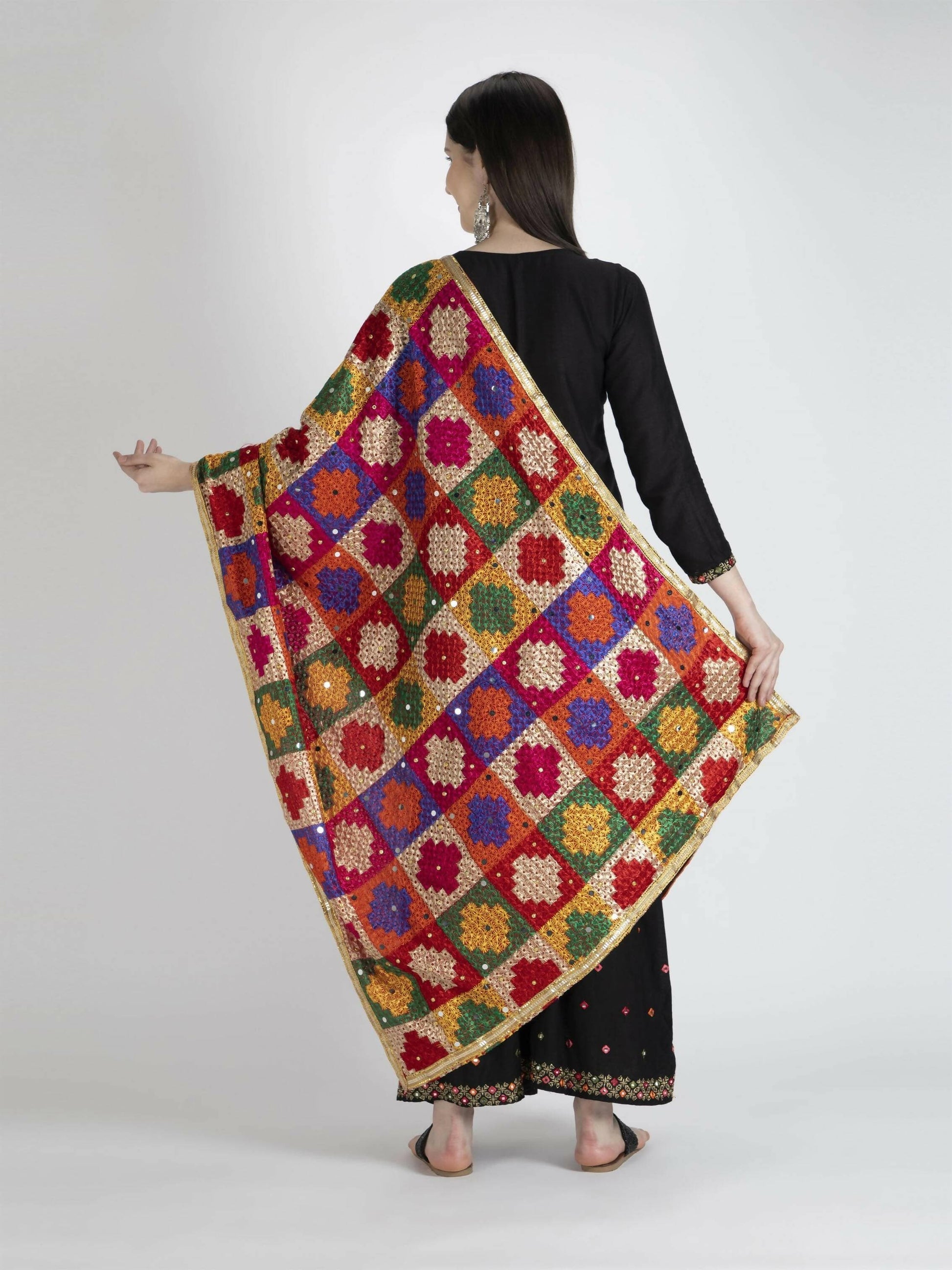 Phulkari Dupatta with Mirror Work(Multicolour square designs) - HalfPe