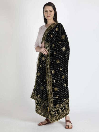 Embroidered Velvet Shawl Dupatta (Black) - HalfPe