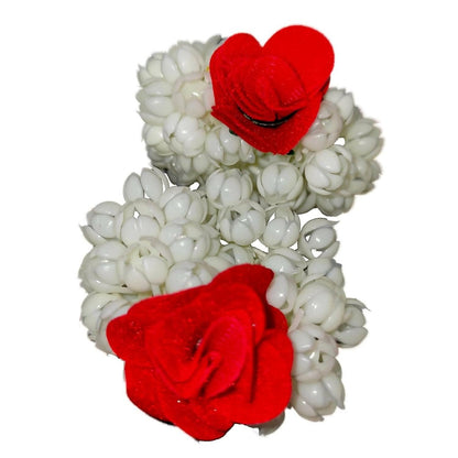 SENECIO Red Velvet Rose Floral Fully Bloomed White Jasmine Mogra Hair Band Ponytail Holder (Pack of 4) - HalfPe