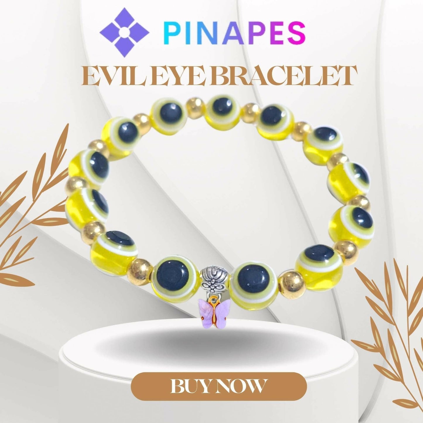 Pinapes Butterfly Beads and Evil Eye Charm Bracelet A Must-Have for Fashionable and Superstitious Women with violet butterfly (yellow) - HalfPe