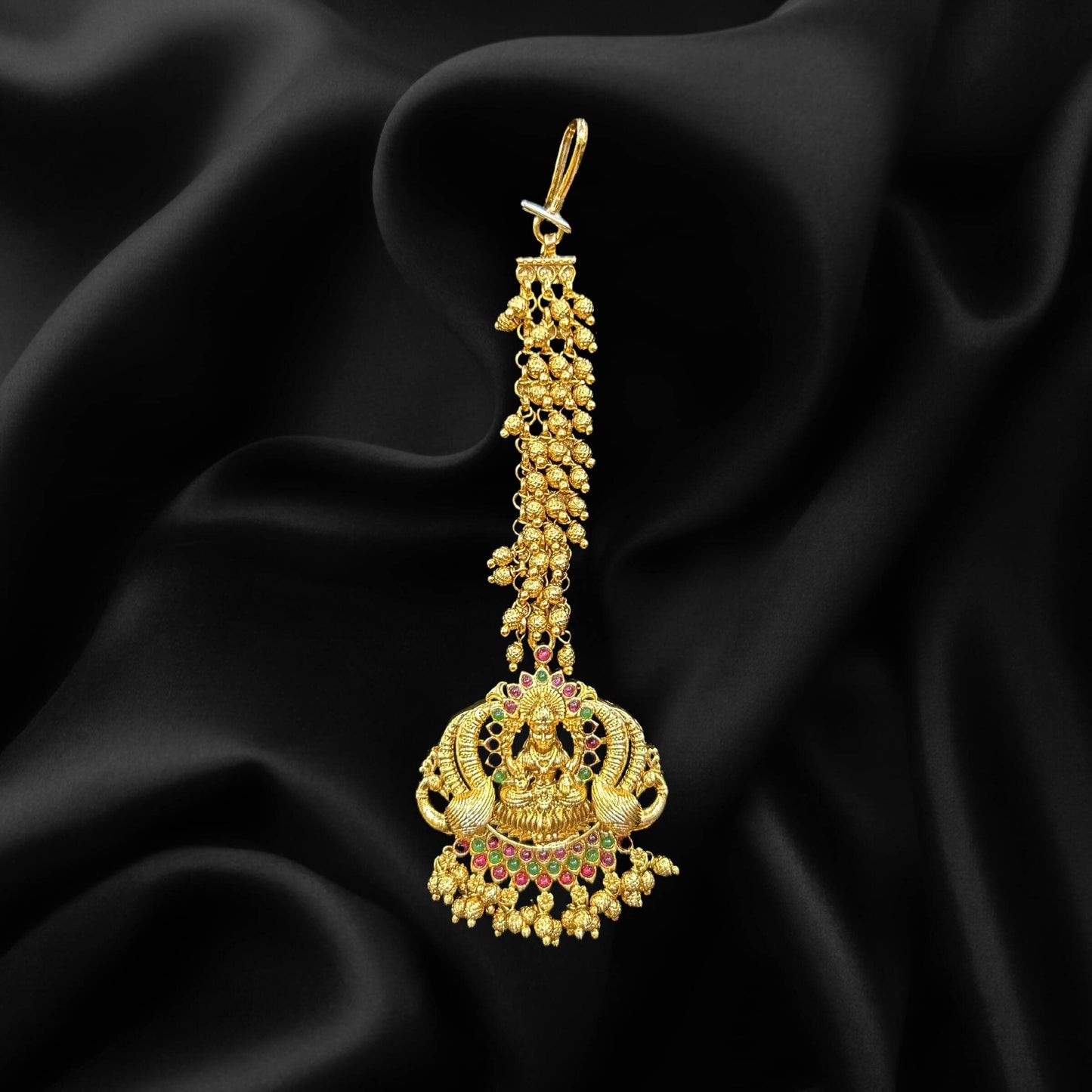 Traditional Matte Gold Plated AD Maang Tikka with Lakshmi Motif for Brides - HalfPe