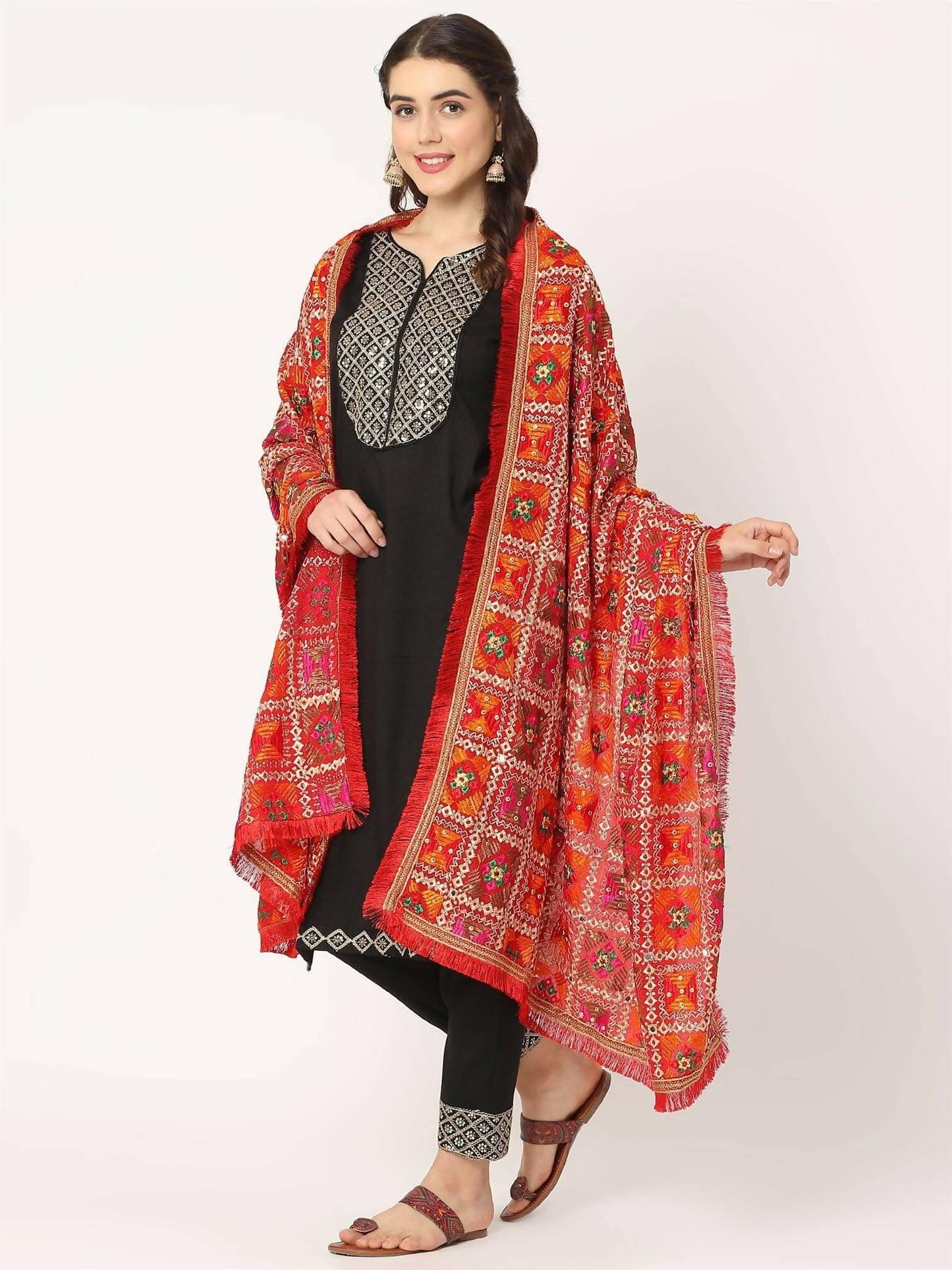 Red Multicolour Embroidery Phulkari Dupatta With Beads - HalfPe