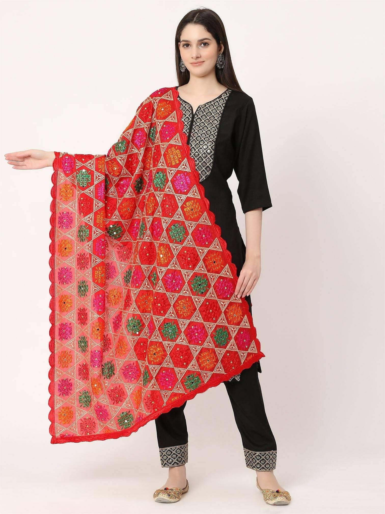 Red Multicolour Phulkari Dupatta With Mirror - HalfPe