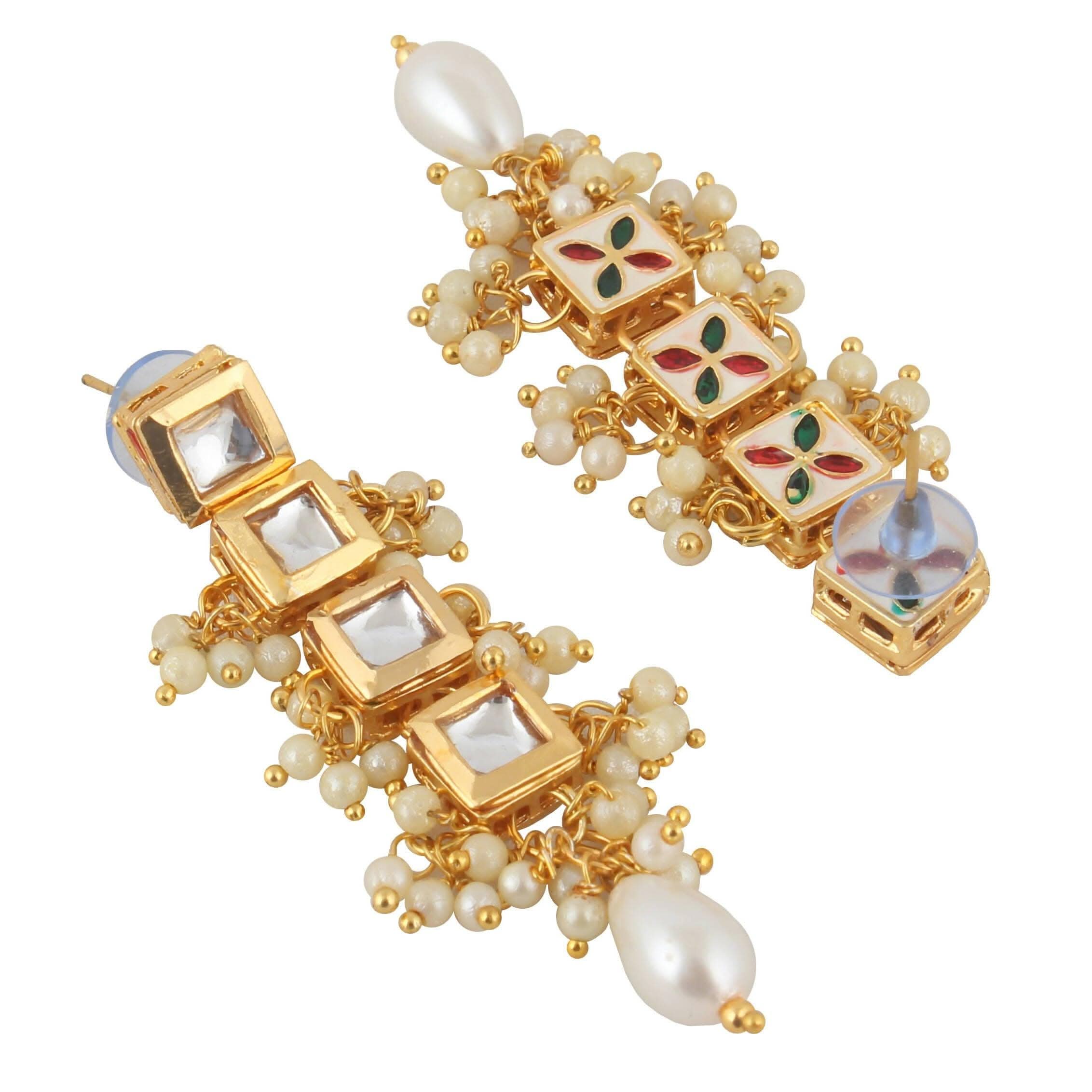 LUCKY JEWELLERY Back Meenakari 18k Gold Plated White Color Tika Earring Combo Uncut Big Faux Kundan Choker Necklace set (660-J5SK-1664-W) - HalfPe