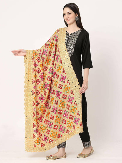 Beige Multicolour Embroidery Phulkari Dupatta with Beads - HalfPe