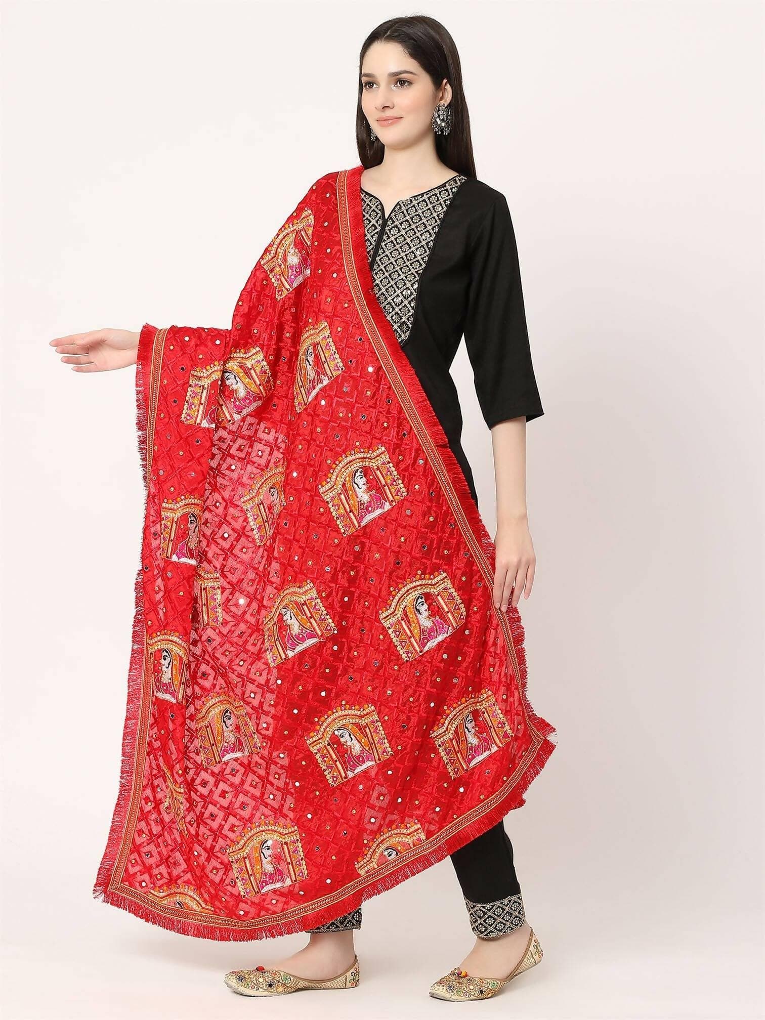 Doli Design Red Multicolour Embroidery Phulkari Dupatta With Mirror - HalfPe