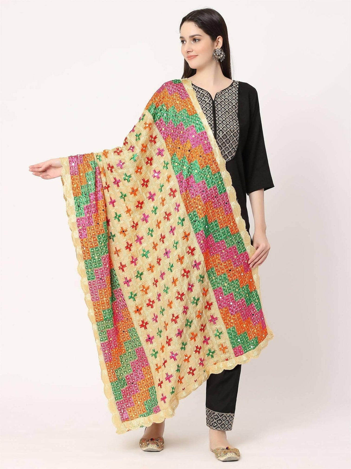 Red Multicolour Check Design Embroidery Phulkari Dupatta - HalfPe