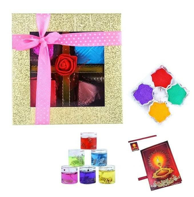 Mantouss Cute Diwali Chocolate Hamper+ 2 Glass Candles Filled with Gel, Greeting Card and Rangoli Colours - HalfPe