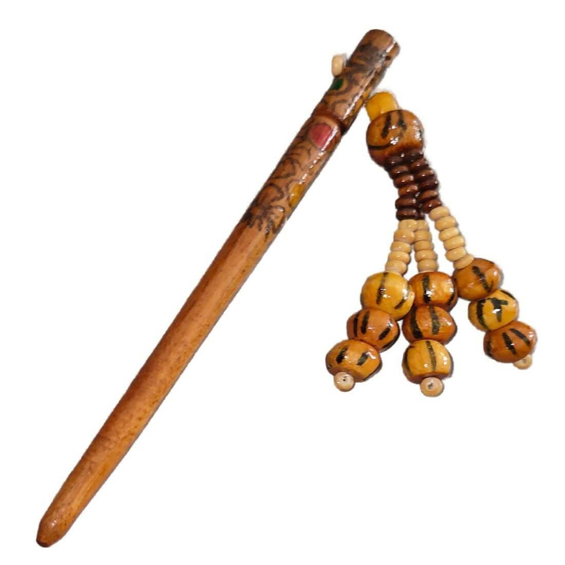 SENECIO Ethnic Print With Beaded Tassel Wooden Handmade Retro Hair Stick For Juda (Pack of 2) - HalfPe