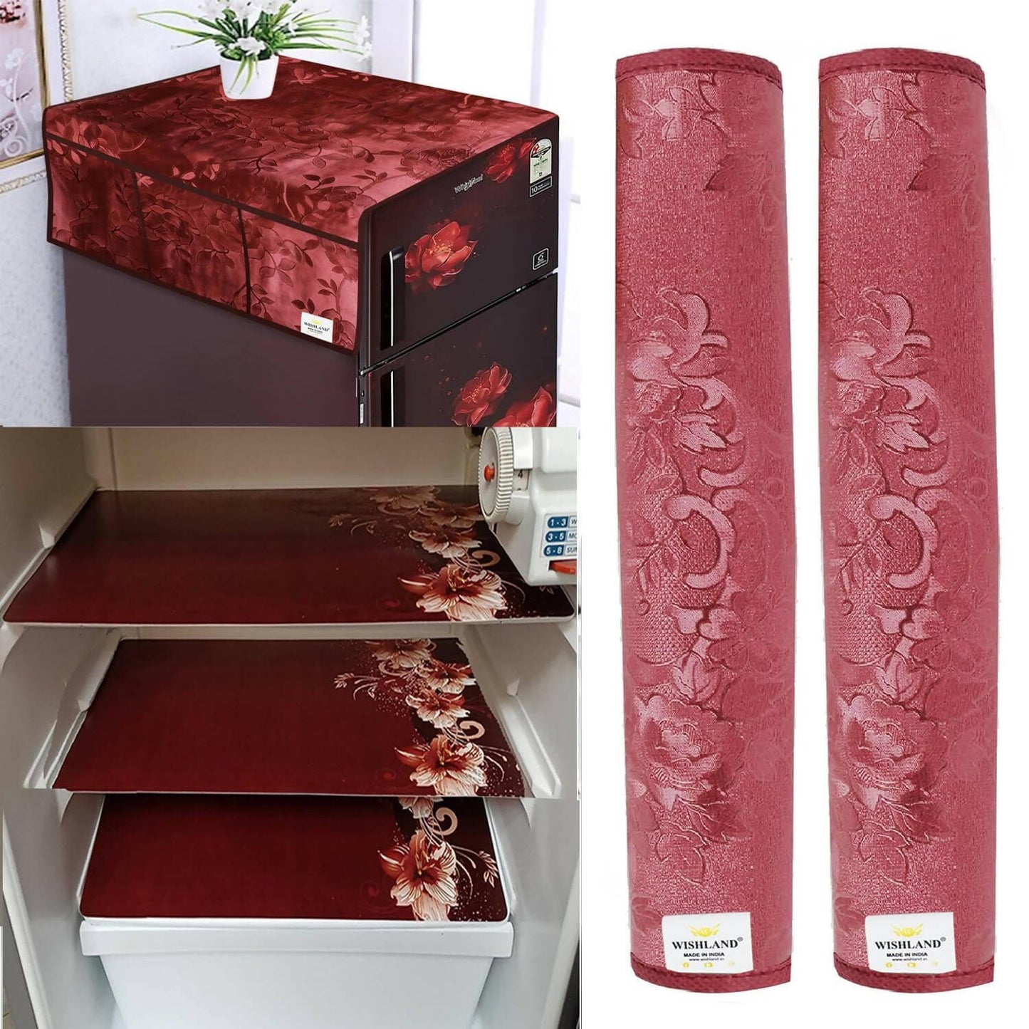 WISHLAND Double Door Fridge Cover Combo Set of 1 Fridge Cover + 2 Fridge Handle Cover + 3 Multipurpose Fridge Mats (Brown) - HalfPe