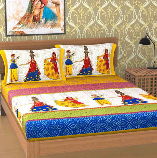 Jaipuri Traditional King Size Double Bedsheet with Pillow Covers- (Combo Pack (White) - HalfPe