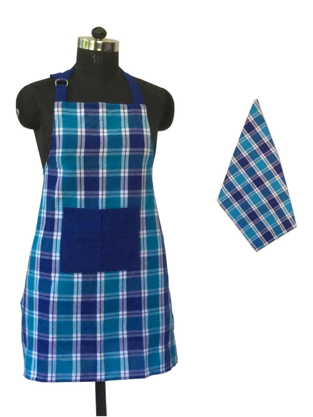 Lushomes Checks Blue and Green Kitchen Cooking Apron Set for Women, apron for men, cooking aprons for women, kitchen apron for men, aprons, aprin (2 Pc Set, Kitchen T 40 x 60 cm, Apron 60 x 80 cms) - HalfPe