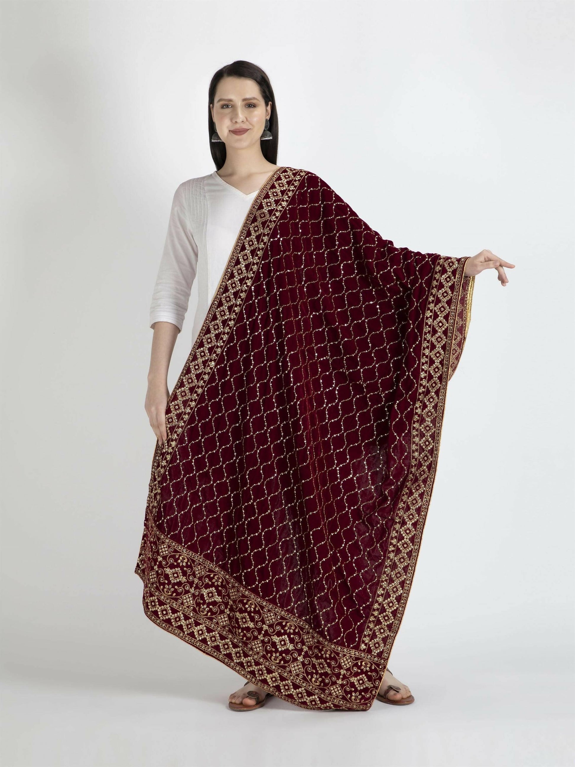 Maroon Embroidered Shawl Dupatta For Women - HalfPe