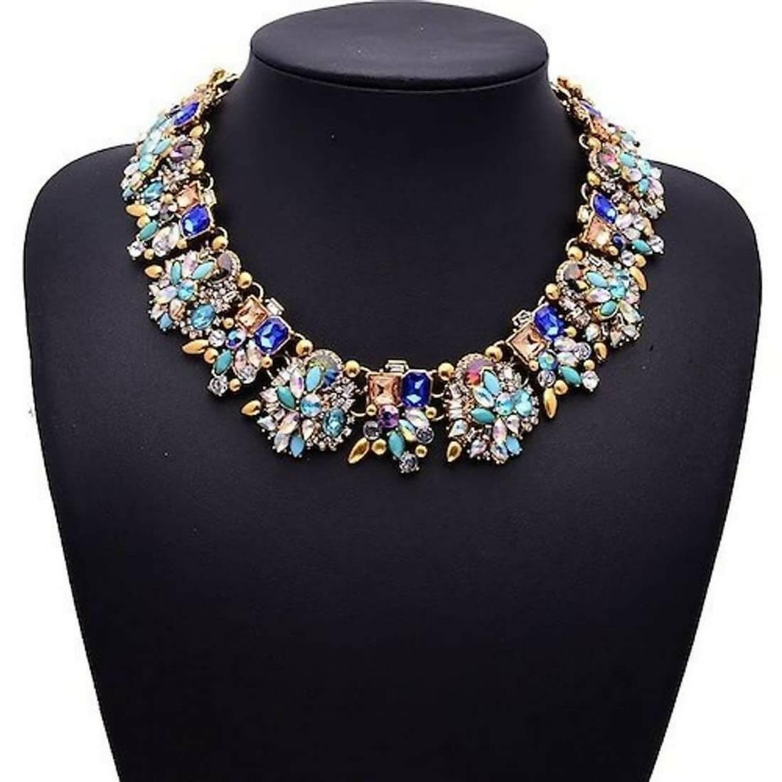 SENECIO Art Deco Style CZ Flower Shiny Rhinestone Colorful Crystal Choker Bridal Statement Necklace - HalfPe