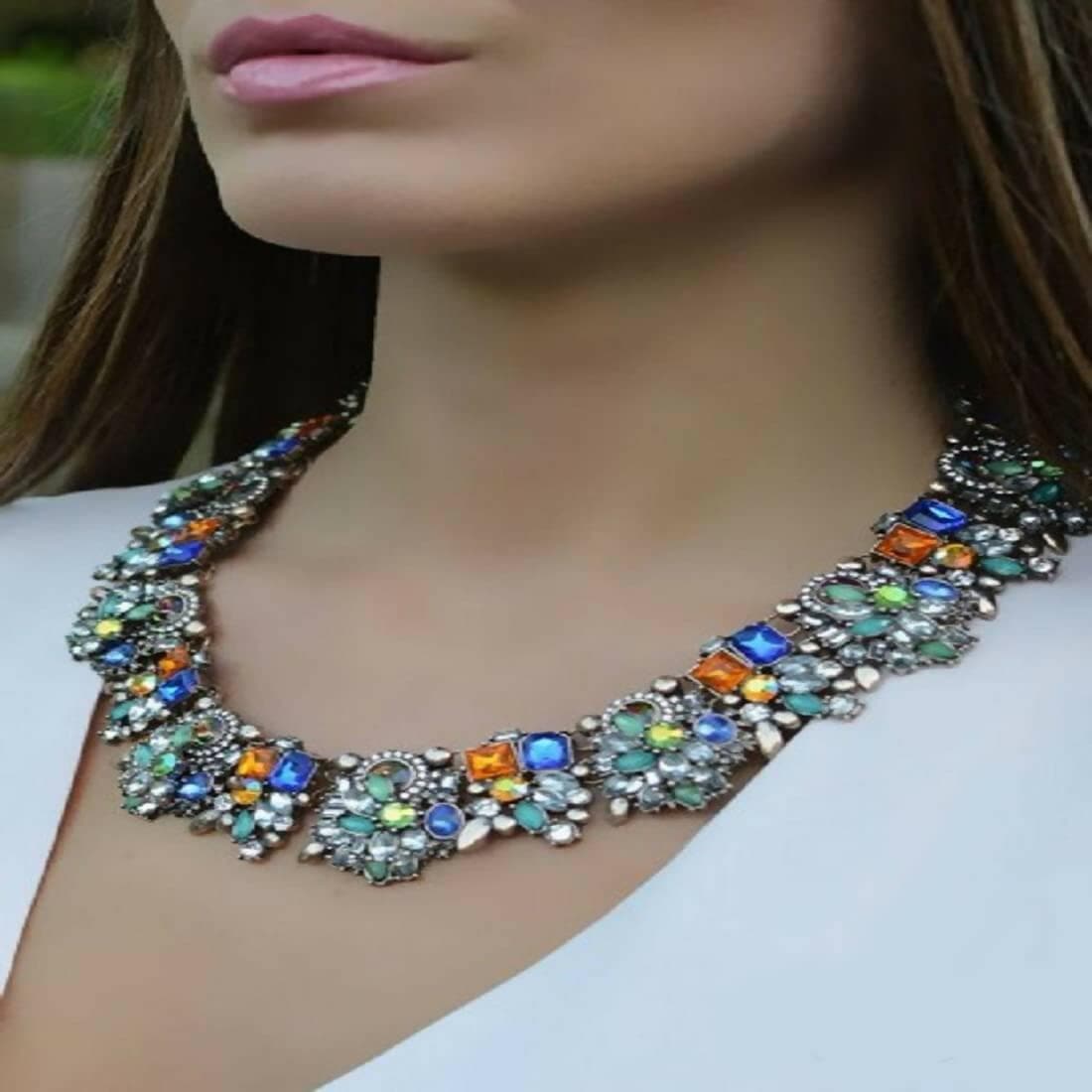 SENECIO Art Deco Style CZ Flower Shiny Rhinestone Colorful Crystal Choker Bridal Statement Necklace - HalfPe