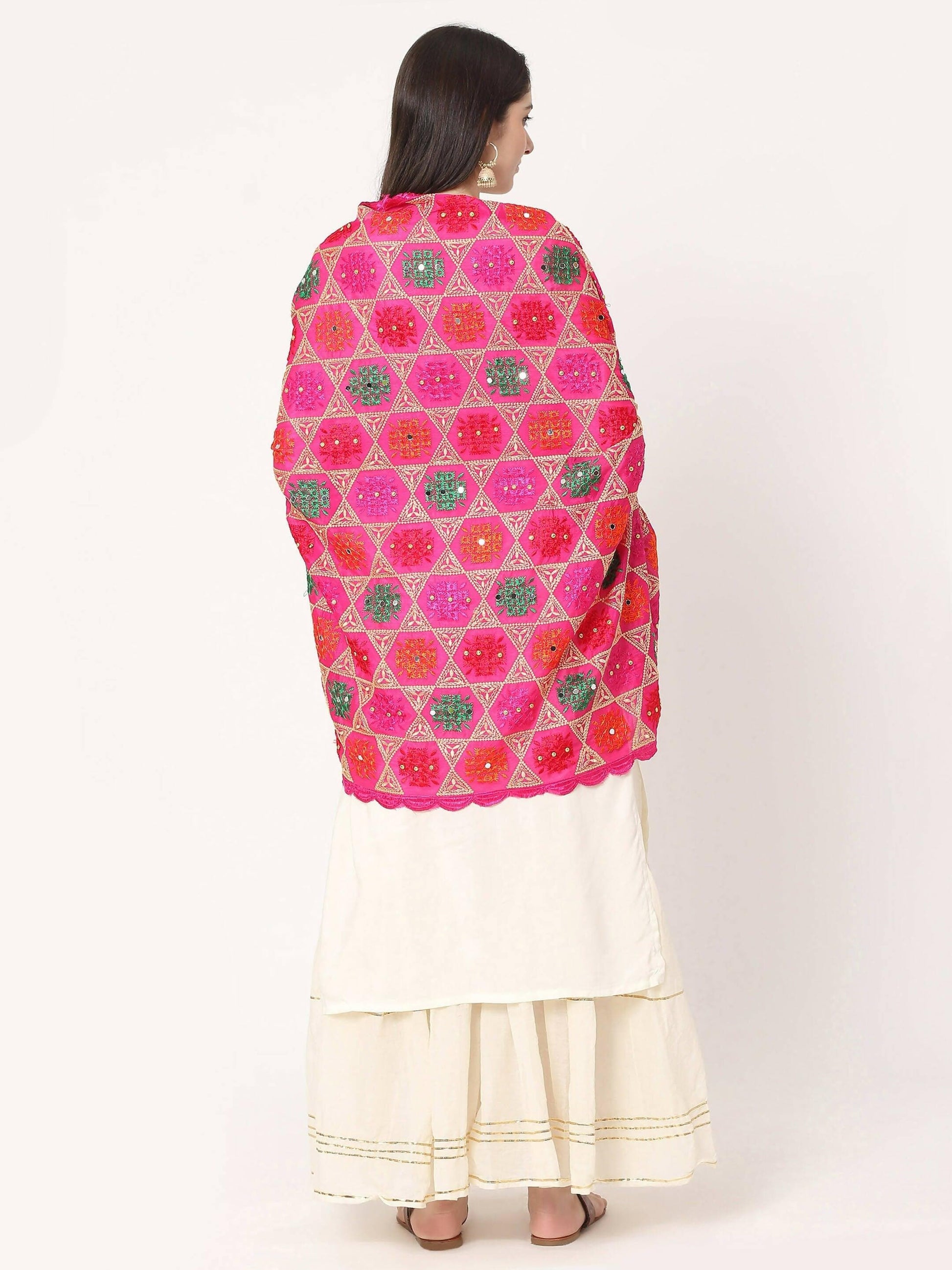 Magenta Multicolour Phulkari Dupatta With Mirror - HalfPe