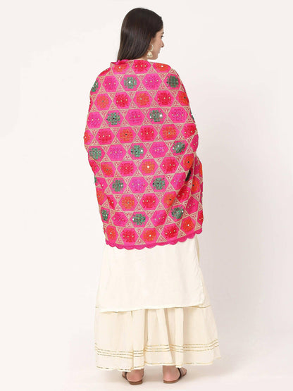 Magenta Multicolour Phulkari Dupatta With Mirror - HalfPe