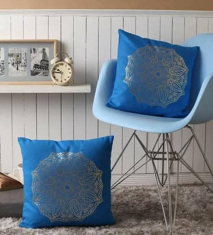 Lushomes Cushion covers 16 inch x 16 inch, Sofa Cushion Cover, Foil Printed Sofa Pillow Cover, festive cushion covers (Size 16 x 16 Inch, Set of 2, Blue) - HalfPe