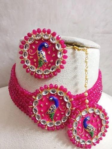 Peacock design kundan meenakari necklace with mangtika - halfpeapp