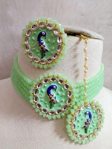 Peacock kundan meenakari necklace with mangtika (light green) - halfpeapp