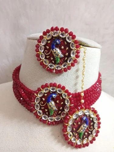 Peacock kundan meenakari necklace with mangtika (maroon) - halfpeapp