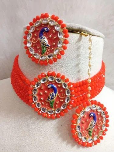 Peacock kundan meenakari necklace with mangtika (orange) - halfpeapp