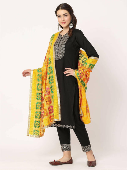 Multicolour Embroidery Phulkari Dupatta with Mirror Work ( Yellow) - HalfPe