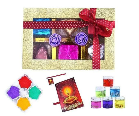 Mantouss Return Gift Diwali Chocolate Box + 2 Gel Filled Glass Candle, Diwali Greeting Card and Rangoli Colours - HalfPe