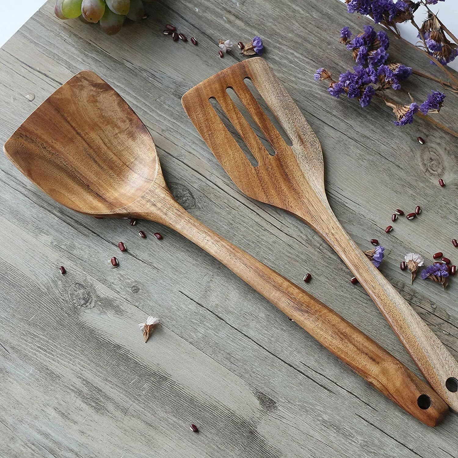 INAYA HOUSE Wooden Serving and Cooking Spoon, Ladles & Turning Spatulas Kitchen Non Stick Utensil (Set of 6) - HalfPe