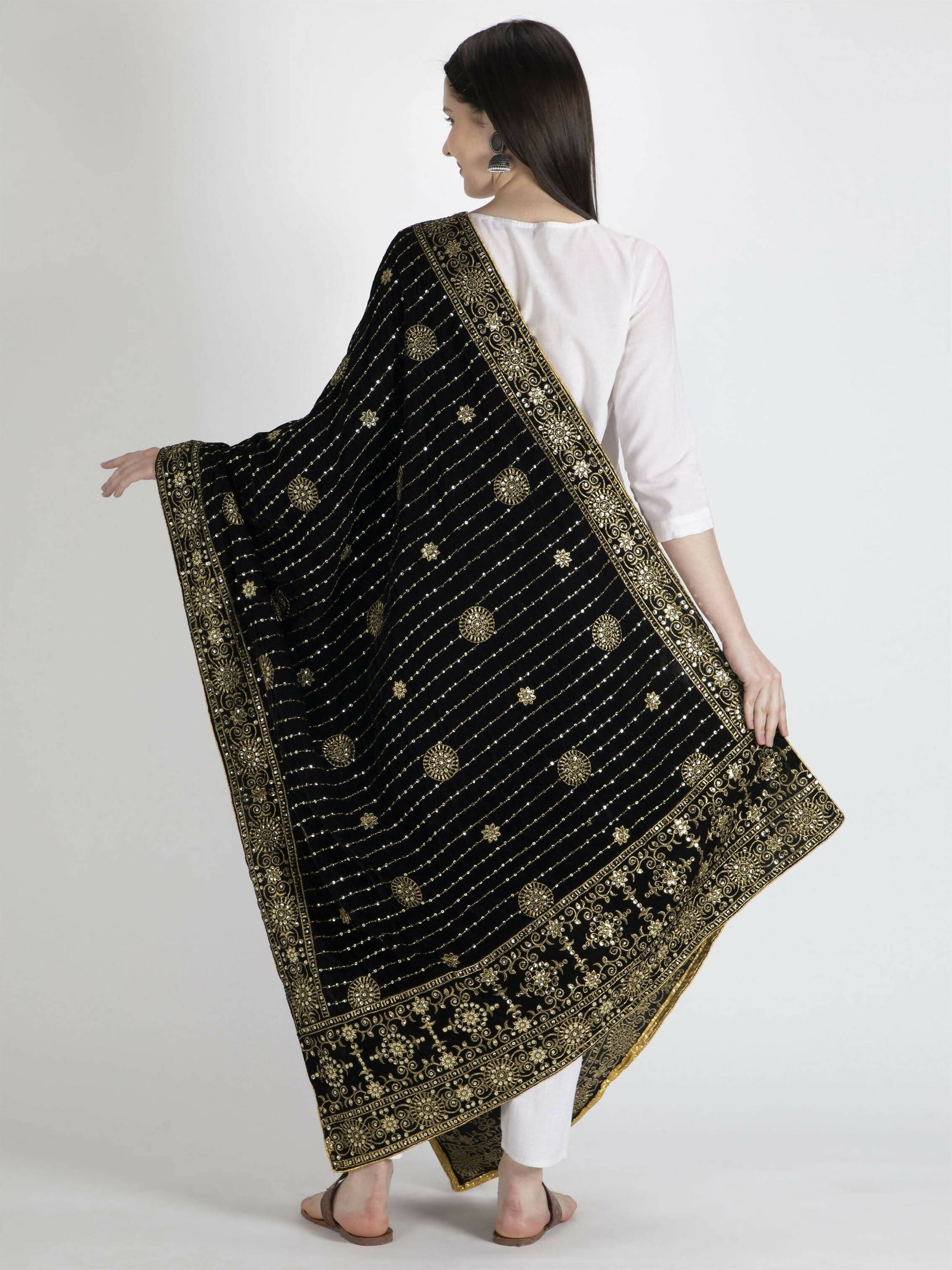 Embroidered Velvet Shawl Dupatta (Black) - HalfPe