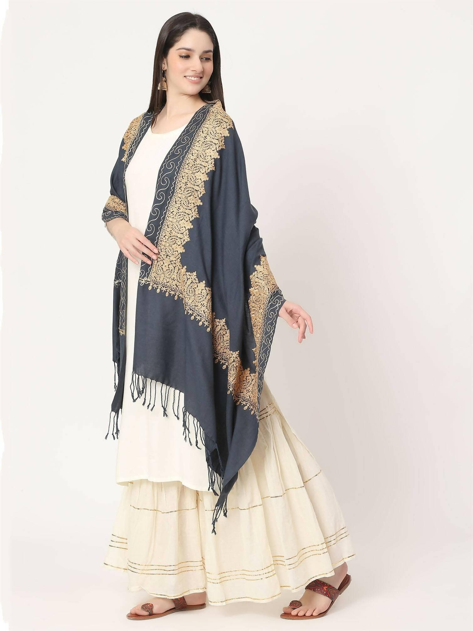 Grey Brown Embroidered Stole for women - HalfPe