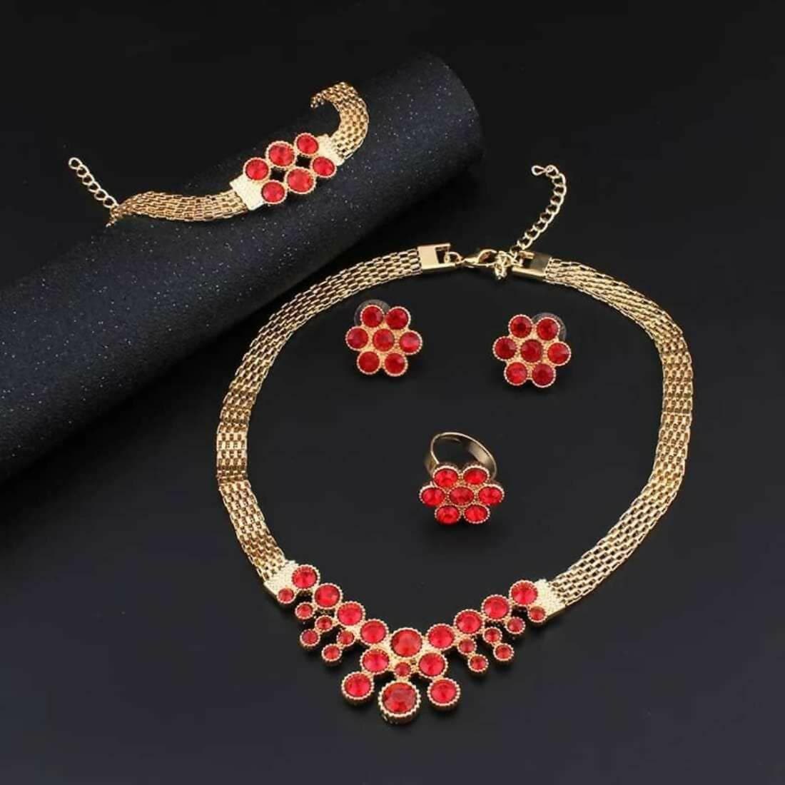 SENECIO Red Woven Pattern Popcorn Chain African Style Necklace,Earrings,Bracelet,Ring Set - HalfPe