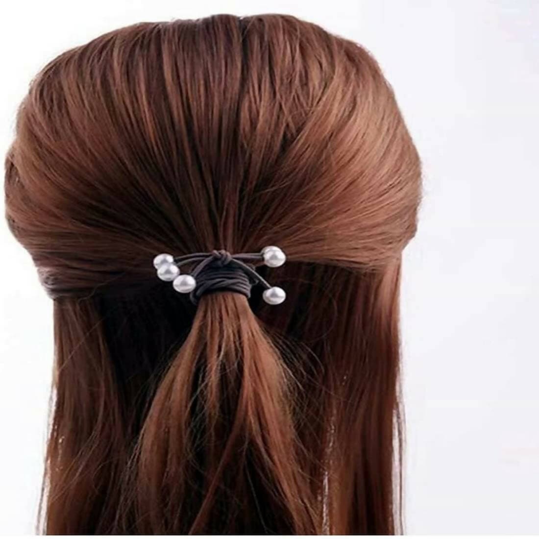 SENECIO 3Pc Triple Pearl Knotted Handmade Black Multi Layered Ponytail Holder Hair Tie Scrunchies Rubber Band - HalfPe