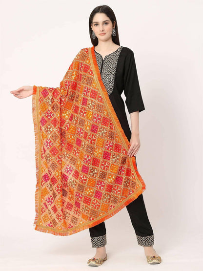 Black Multicolour Embroidery Phulkari Dupatta with Mirror Work - HalfPe