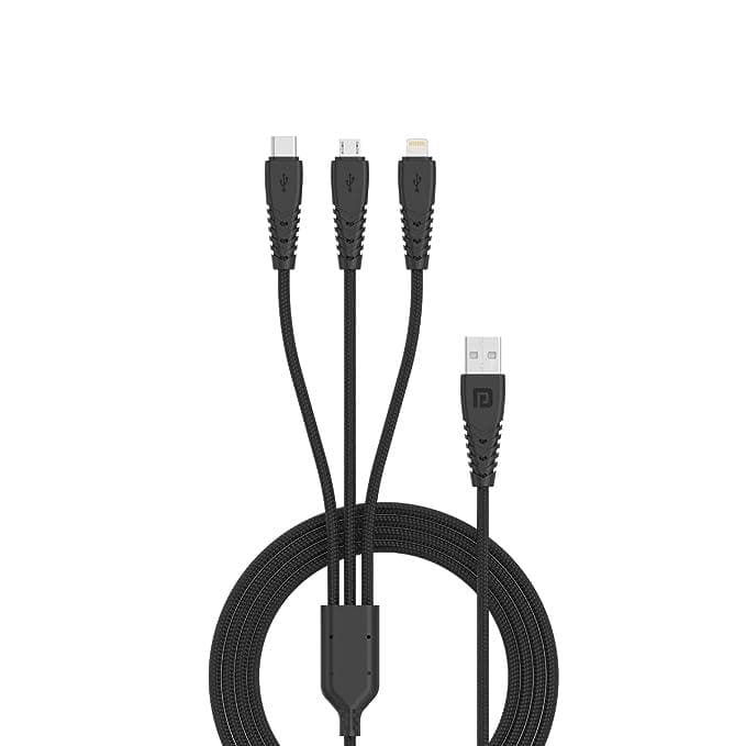 Portronics Konnect A Trio 3-in-1 Multifunctional Cable 3.0A Total 1.5 m for Micro USB (Black) - halfpeapp