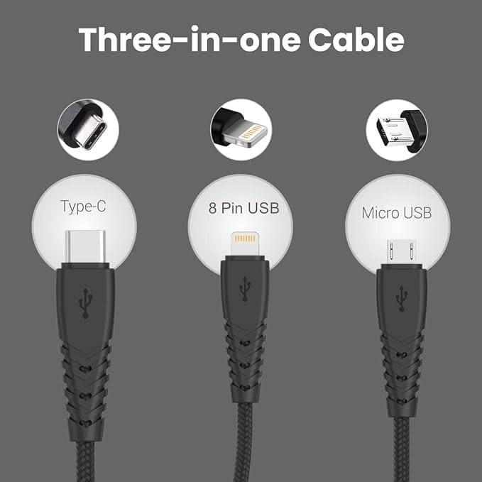 Portronics Konnect A Trio 3-in-1 Multifunctional Cable 3.0A Total 1.5 m for Micro USB (Black) - halfpeapp