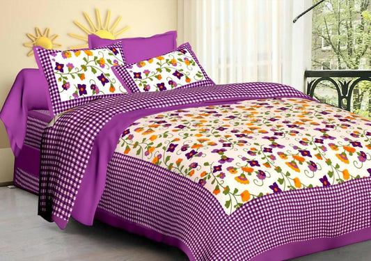 Jaipuri traditional Purple Border floral Printed Design queen size cotton bedsheet with two pillow cover - HalfPe