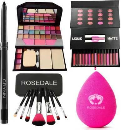 Crynn Smudge Proof Essential Makeup HD11 Beauty Kajal & Rosedale Set of 7 Makeup Brush & Powdered Blender Sponge Puff & TYA 6155 Makeup Kit & Valentines Edition Set of 16 Liquid Matte Lipstick (26 Items in the set) - HalfPe