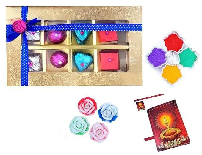 MANTOUSS Happy Diwali Chocolate Gift (Golden Decorative Box) + 2 Floating Diya, Diwali Greeting Card and Rangoli Colours - HalfPe