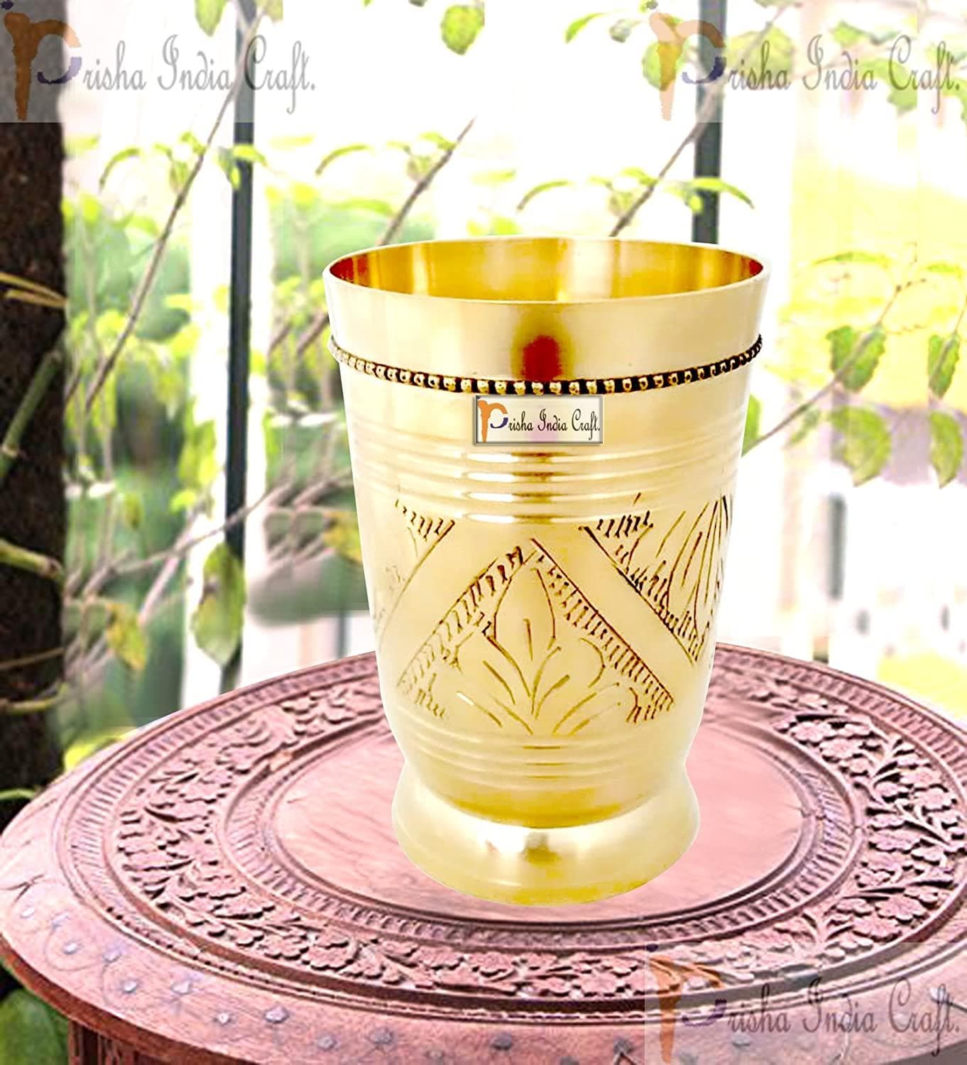 Pure brass mughlai style embossed design glass tumbler (250ml) | PRISHA INDIA CRAFT - halfpeapp