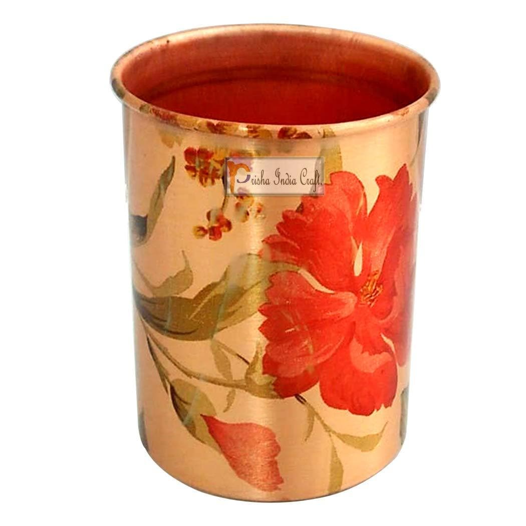 Pure copper digital printed flower design glass tumbler (300ml) | PRISHA INDIA CRAFT - halfpeapp