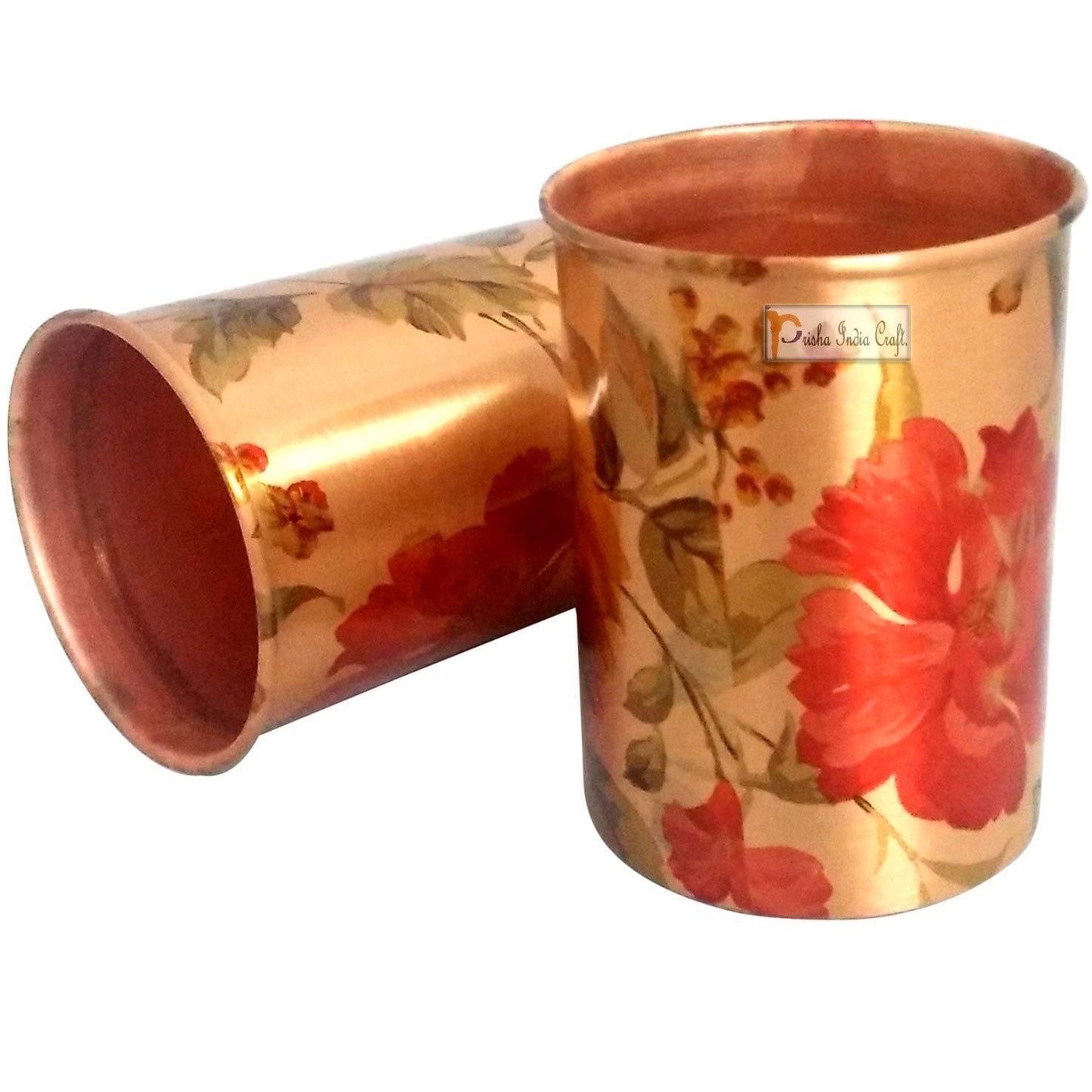 Pure copper digital printed flower design glass tumbler (pack of 2x300ml) | PRISHA INDIA CRAFT - halfpeapp