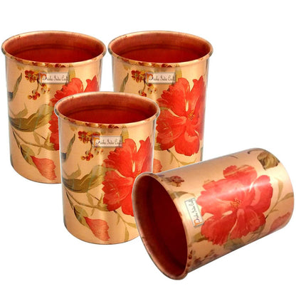 Pure copper digital printed flower design glass tumbler (pack of 4x300ml) | PRISHA INDIA CRAFT - halfpeapp